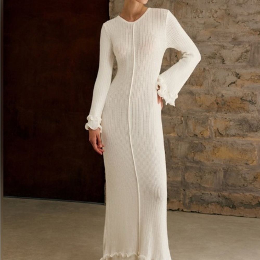 Commence Knit White Dress with Ruffles